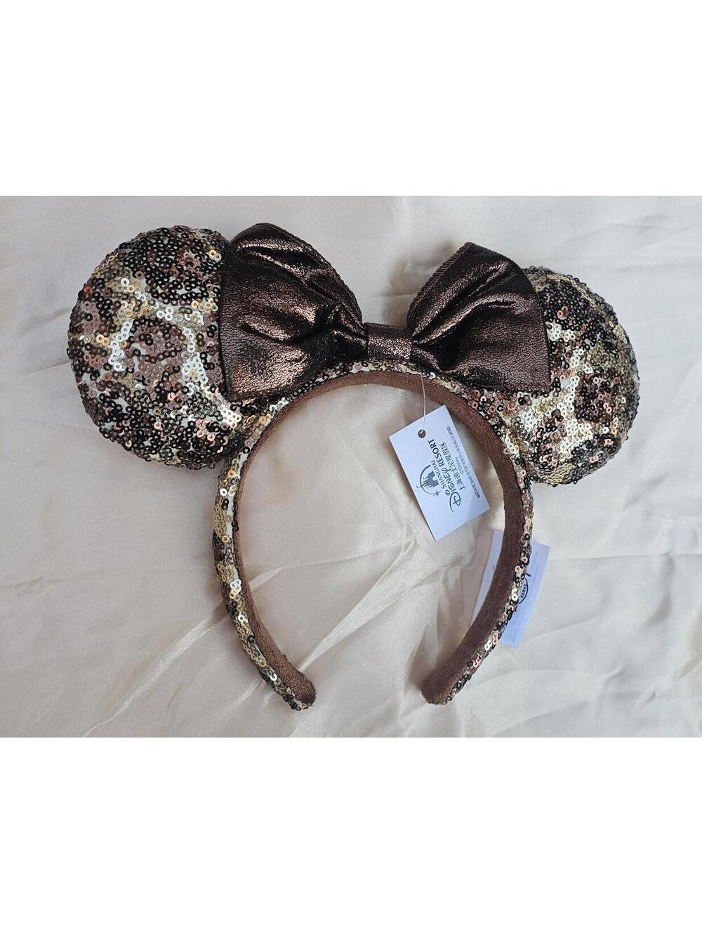 Giraffe Sequin Animal Print Minnie Ears Headband Bow brown tan